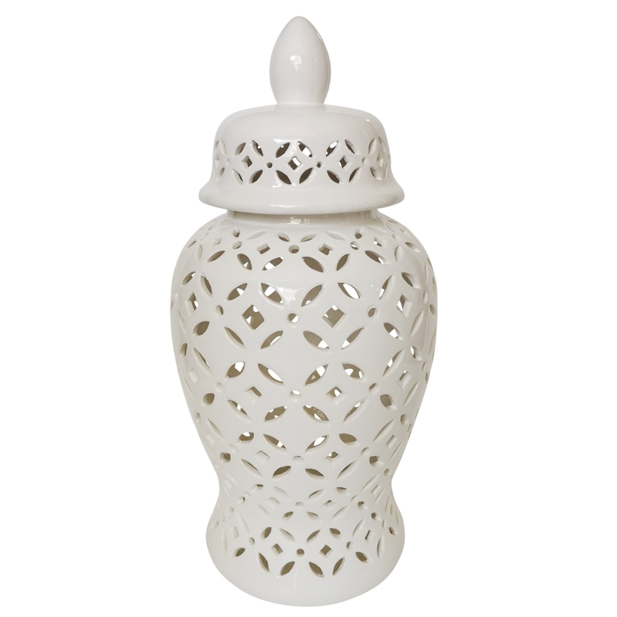24 Inch Urn Shape Glass Jar With Cut Out Trellis Pattern, White- Saltoro Sherpi