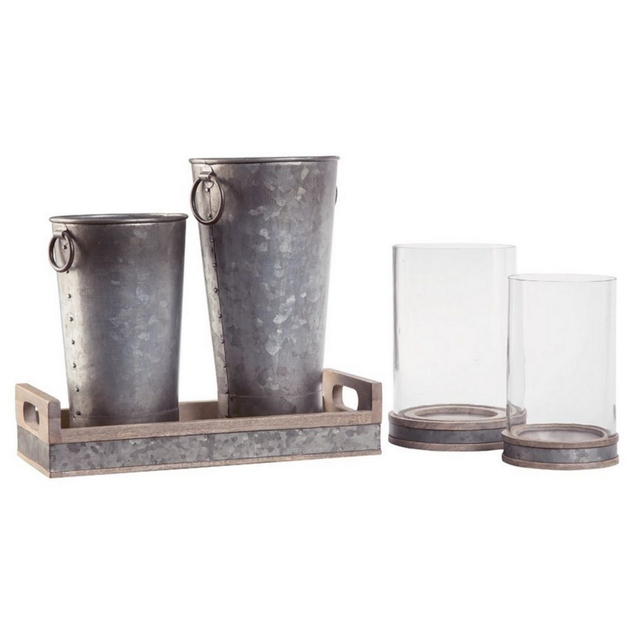 Tray With Metal Vases And Glass Hurricane, Set Of 5, Gray- Saltoro Sherpi