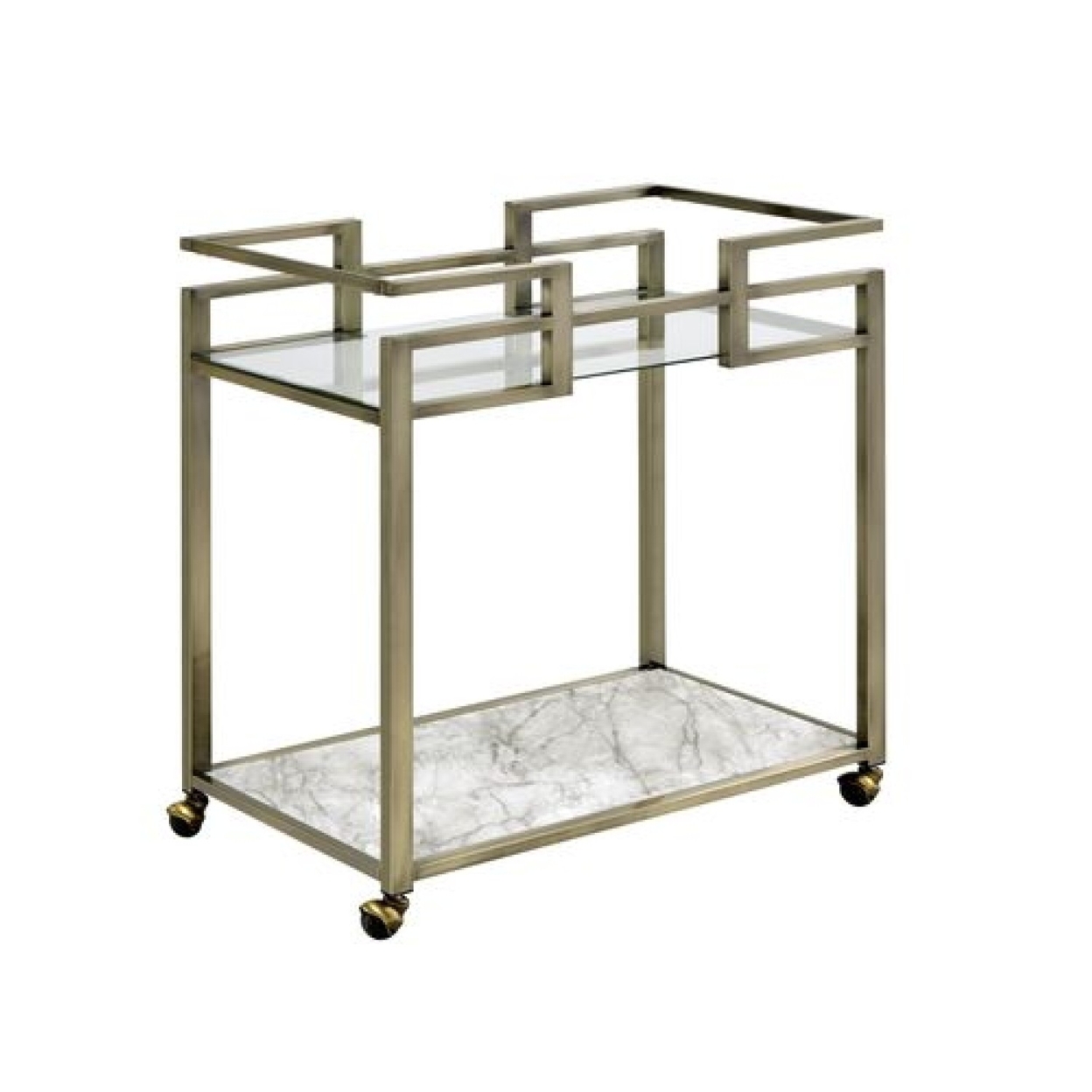 2 Tier Serving Cart With Faux Marble And Metal Frame, Silver- Saltoro Sherpi