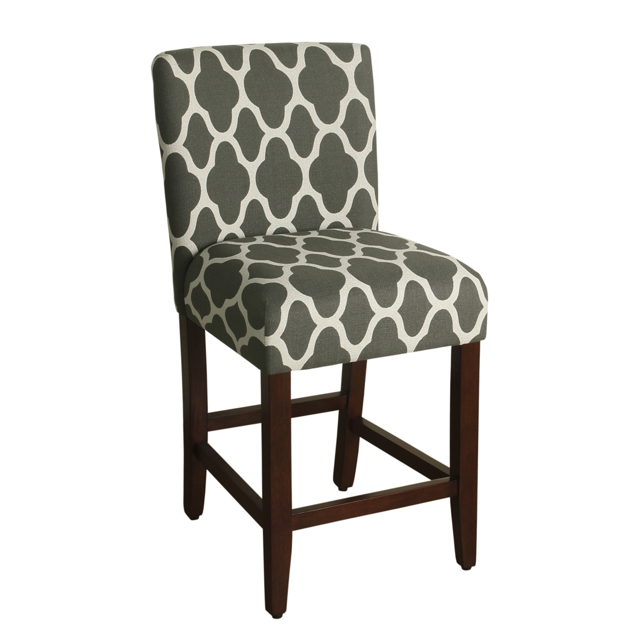Wooden 24 Inch Counter Height Stool With Quatrefoil Pattern Fabric Upholstery, Gray And White- Saltoro Sherpi