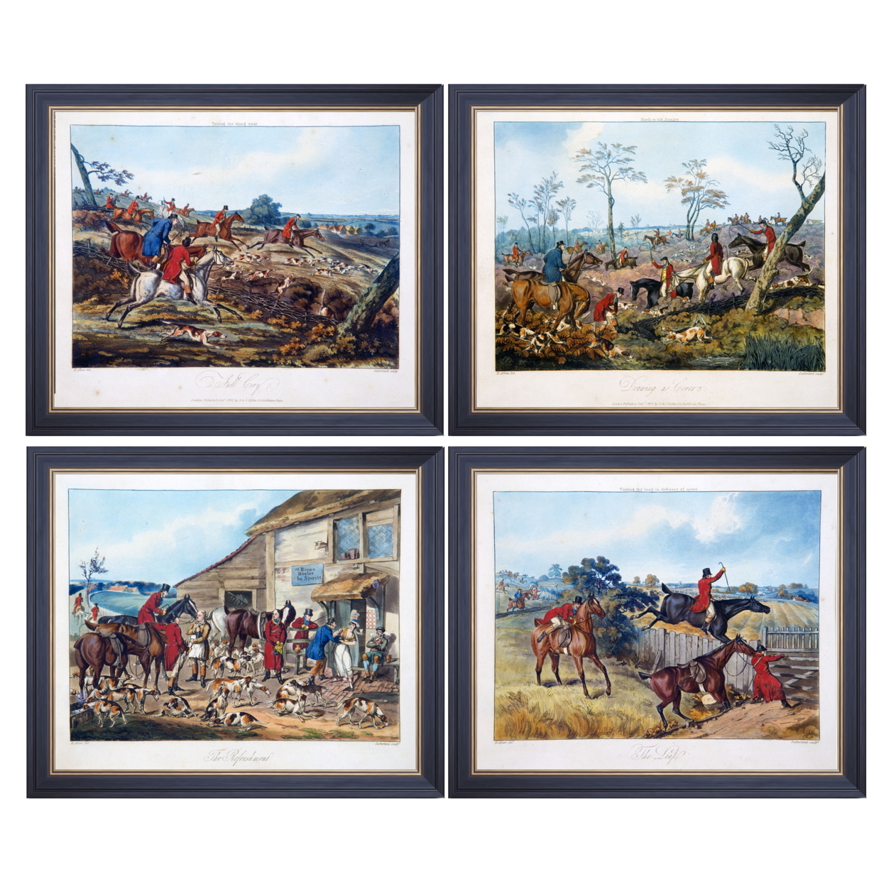 Wooden Framed Nineteenth Century Hunting Engravings Wall Art, Multicolor, Set Of Four- Saltoro Sherpi