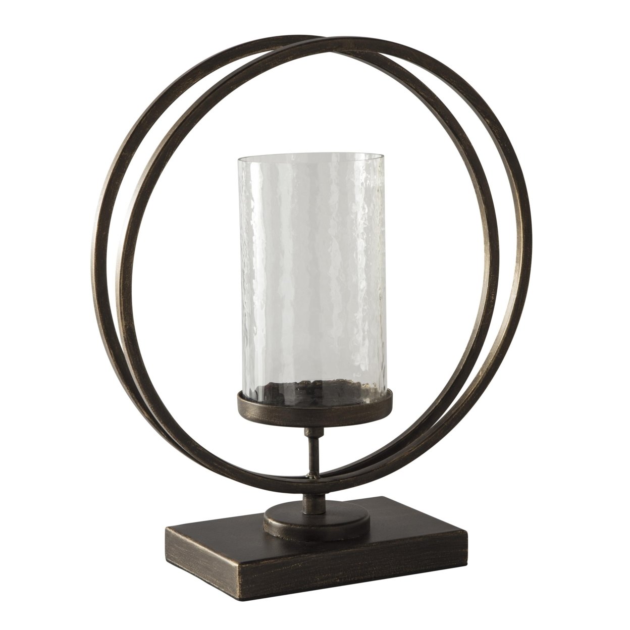 Round Metal Candle Holder With Rectangular Base, Brown And Clear- Saltoro Sherpi