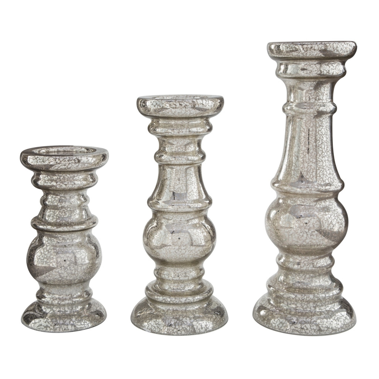Mercury Glass Candleholder With Pedestal Base, Set Of 3, Silver- Saltoro Sherpi