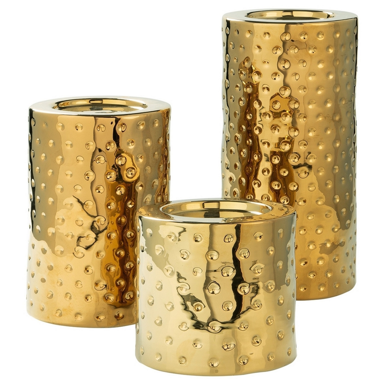 Candle Holder With Ceramic Hammered Design, Set Of 3, Brass- Saltoro Sherpi