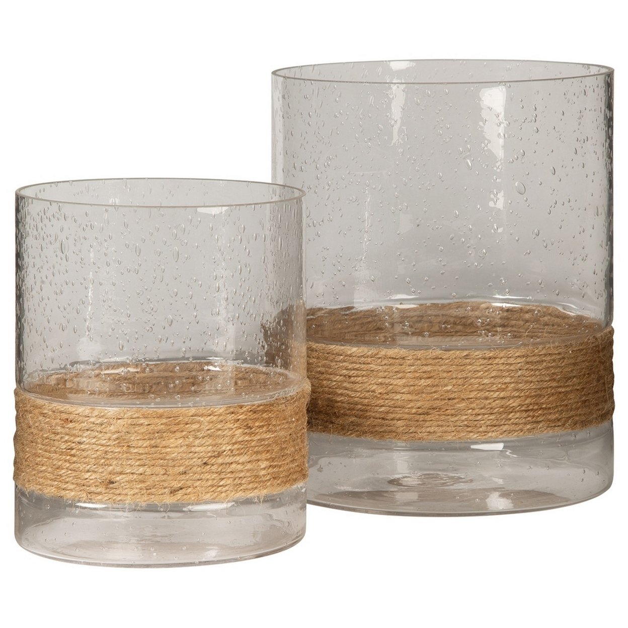 Candle Holder With Seeded Glass Hurricane And Rope, Set Of 2, Clear- Saltoro Sherpi