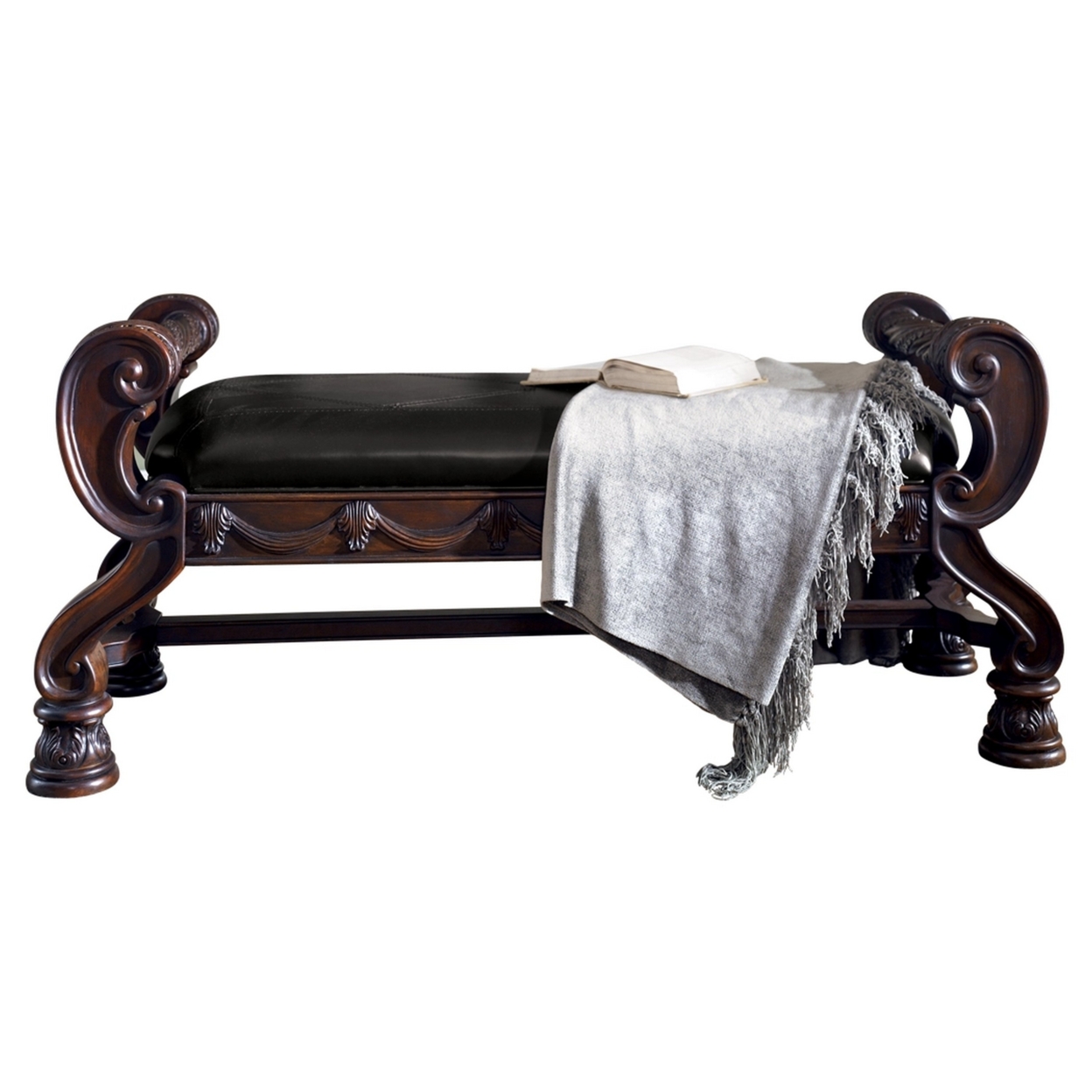 Traditional Bench With Rolled Arms And Ornate Carved Details, Brown- Saltoro Sherpi