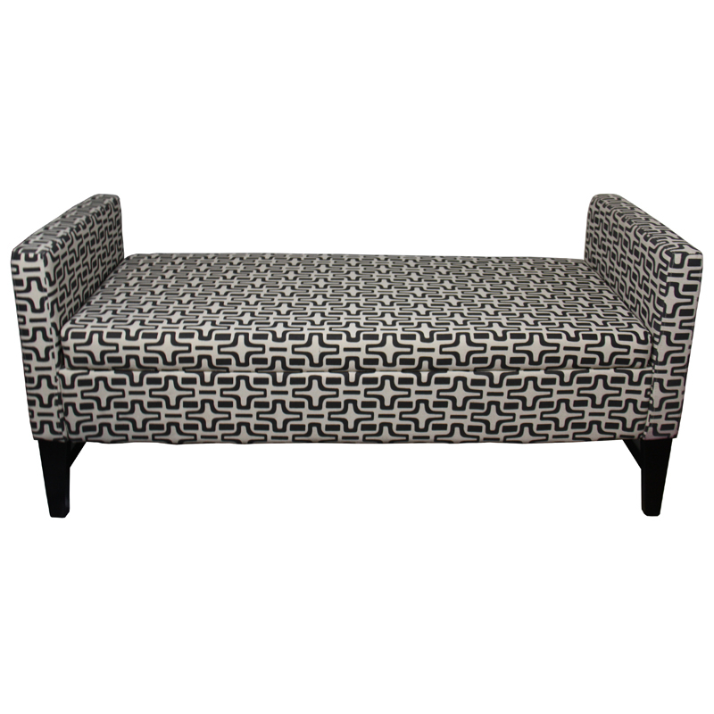 24 Inch Fabric Upholstered Geometric Pattern Storage Bench, Black And White- Saltoro Sherpi