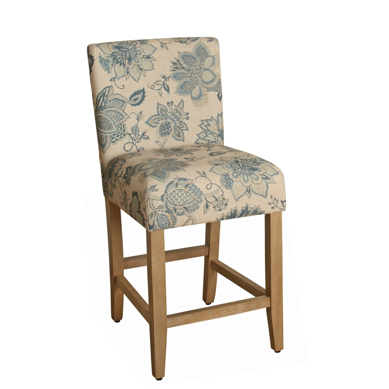 Wooden Counter Height Stool With Floral Pattern Fabric Upholstery, Beige And Blue- Saltoro Sherpi