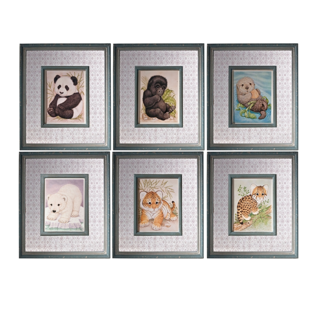 Wooden Framed Wall Art With Winsome Animals, Multicolor, Set Of 6- Saltoro Sherpi