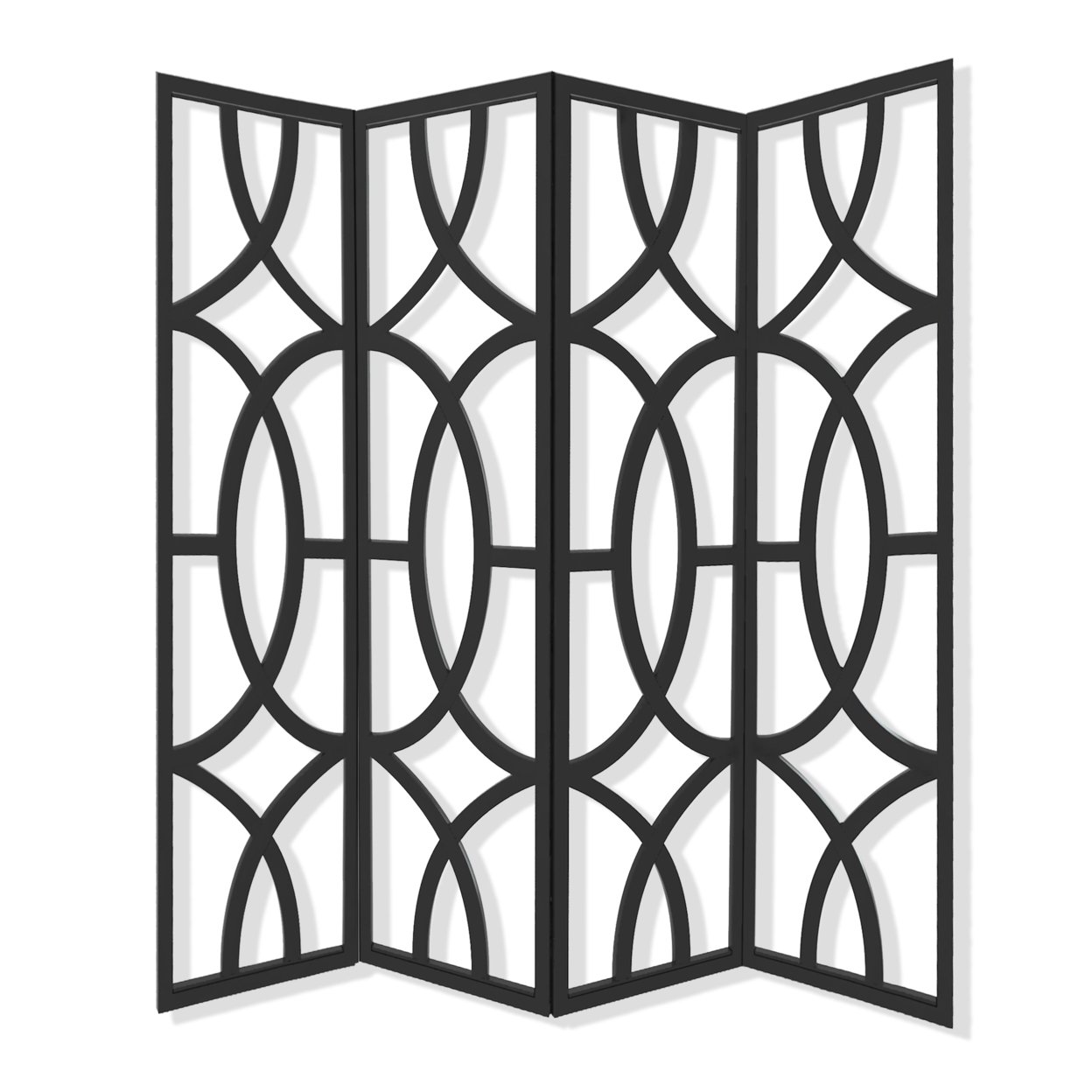 Modern Style 4 Panel Screen With Geometrical Stencil Design, Black- Saltoro Sherpi