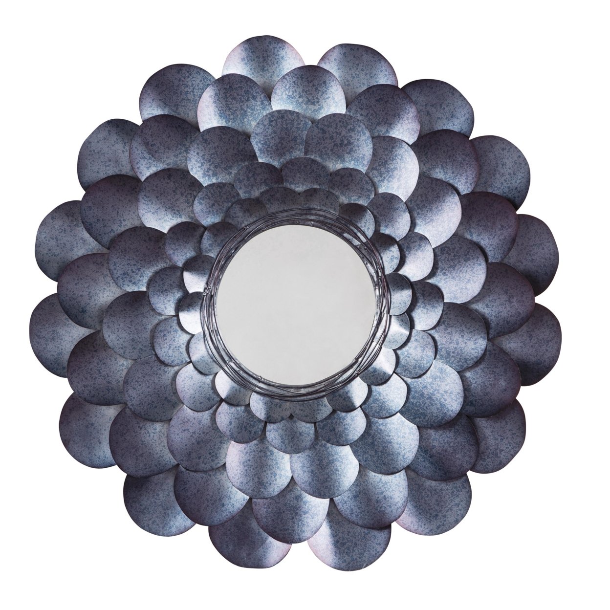Round Metal Accent Mirror With Blooming Flower Shape, Blue And Silver- Saltoro Sherpi