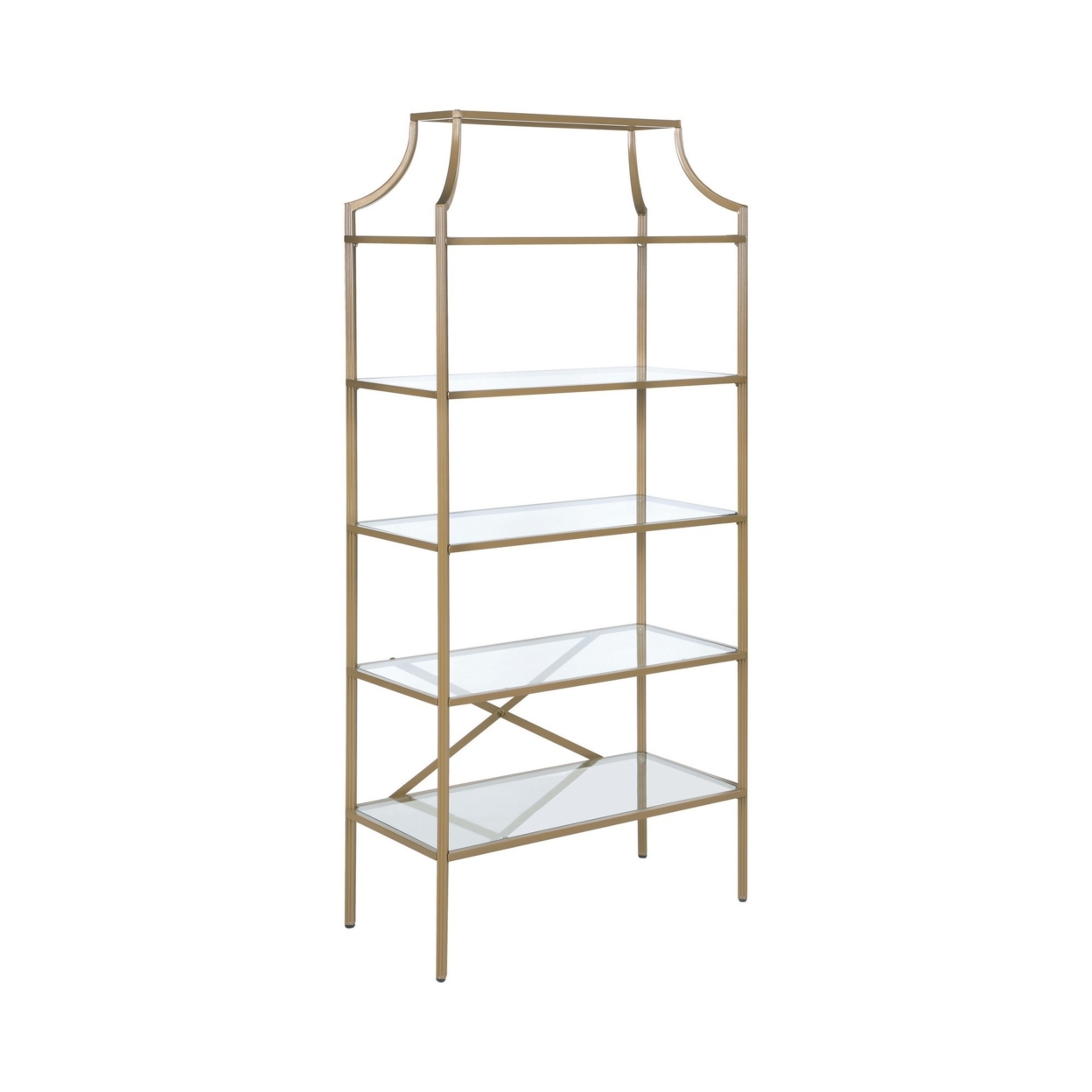 Bookcase With 5 Tempered Glass Shelves And Metal Frame, Gold- Saltoro Sherpi