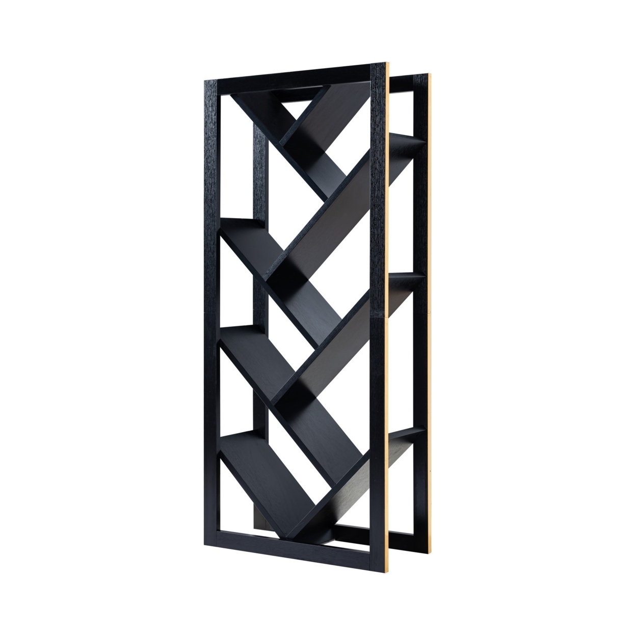 Rectangular Wooden Frame Bookcase With V Shaped Open Shelves, Black- Saltoro Sherpi