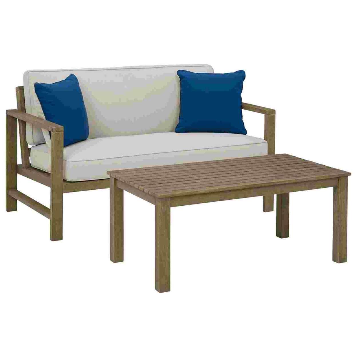 2 Piece Outdoor Loveseat And Table With Fabric Cushions, Brown- Saltoro Sherpi