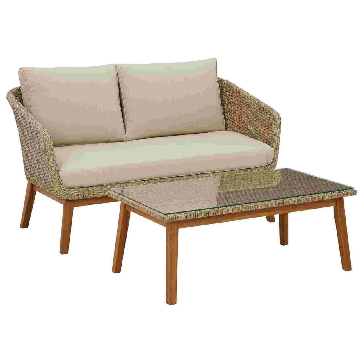 2 Piece Outdoor Loveseat And Table With Resin Wicker Wrapping, Brown- Saltoro Sherpi