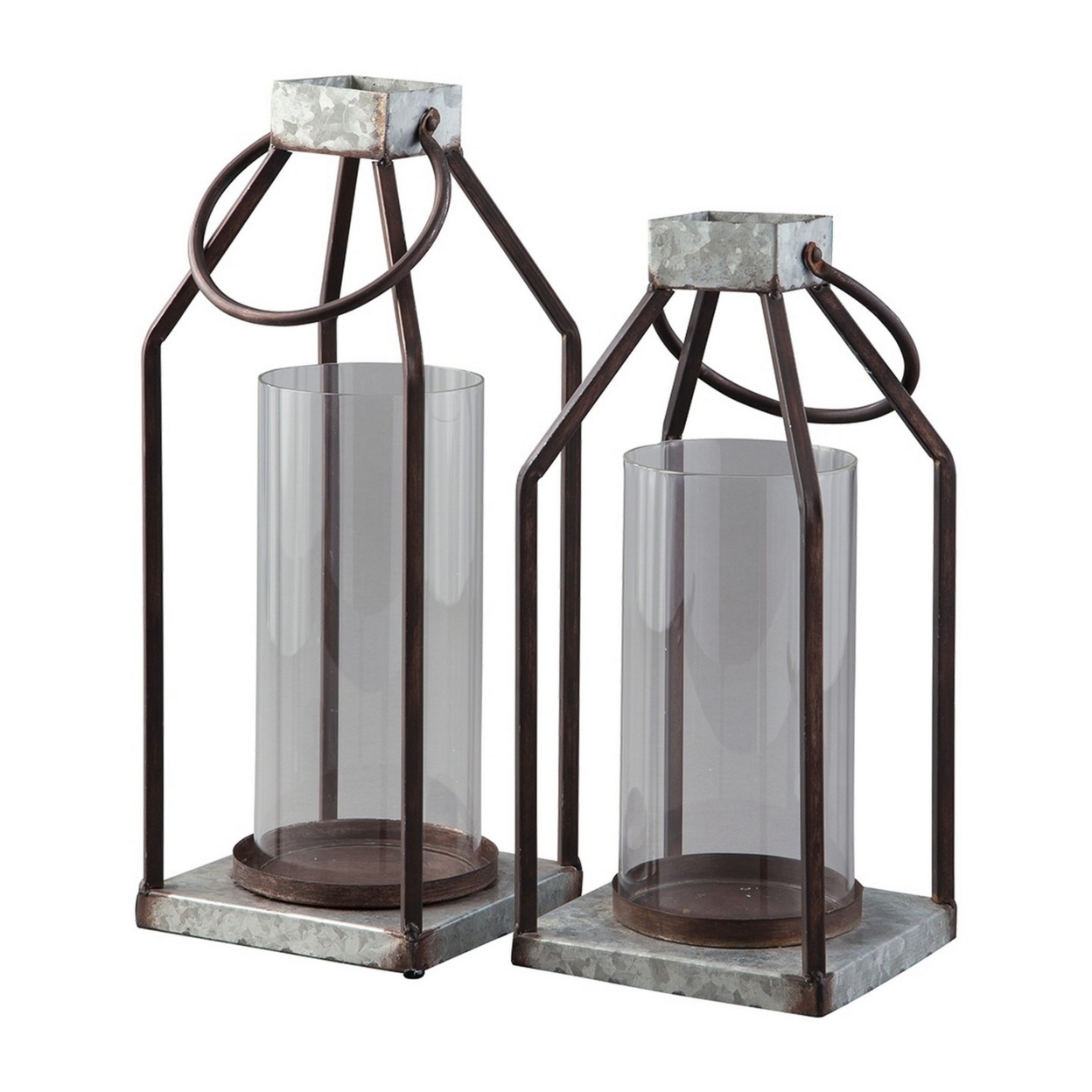 Geometric Lantern With Glass Hurricane, Set Of 2, Black And Gray- Saltoro Sherpi