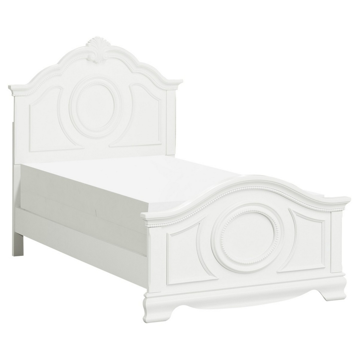 Lilya Traditional Full Size Bed, Bead Molding And Shell Motif, Crisp White- Saltoro Sherpi