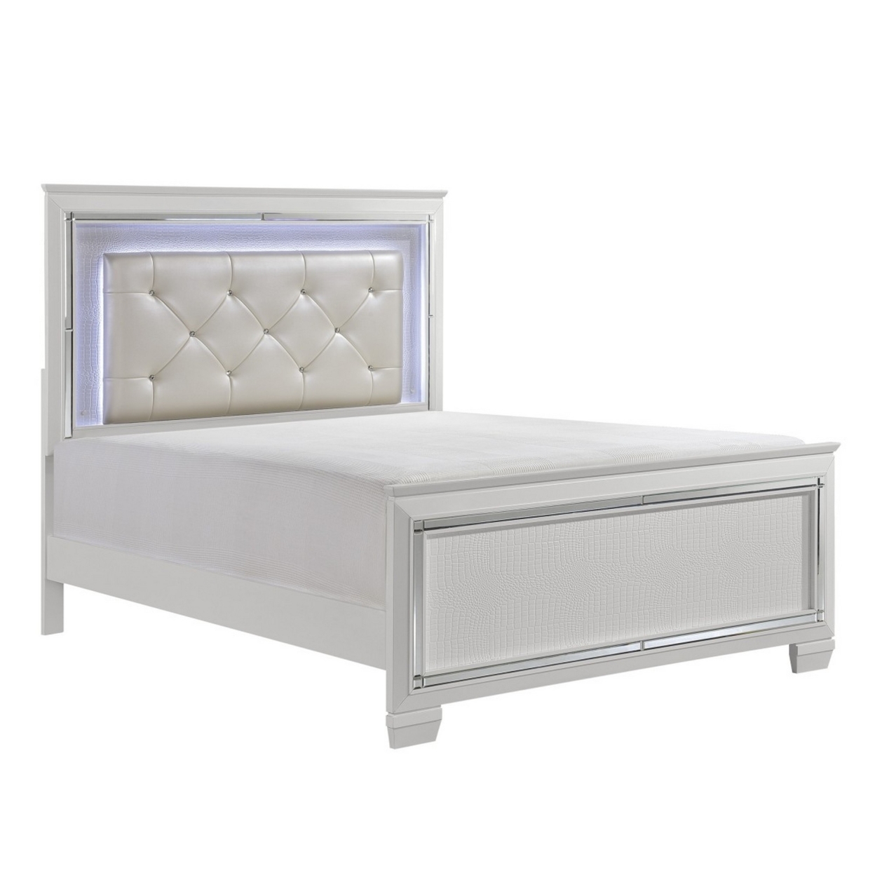 Noah Contemporary Queen Bed, LED Backlit Crystal Tufted Headboard, White- Saltoro Sherpi