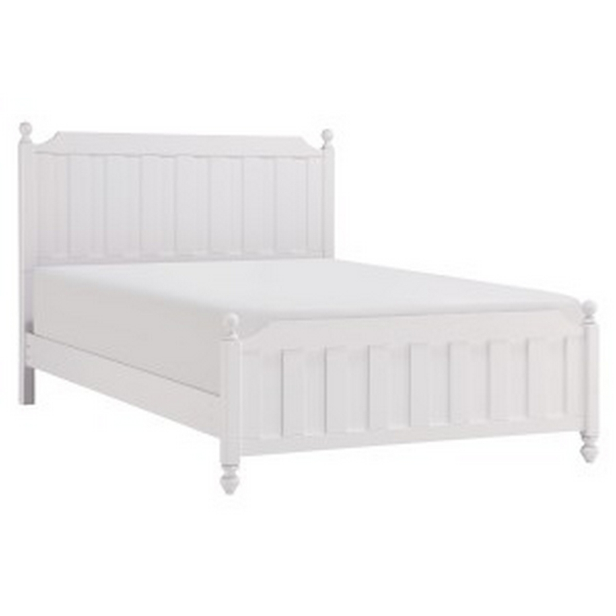 Wood Queen Size Bed, Stable Turned Feet, Finial Accents, Crisp White Finish- Saltoro Sherpi