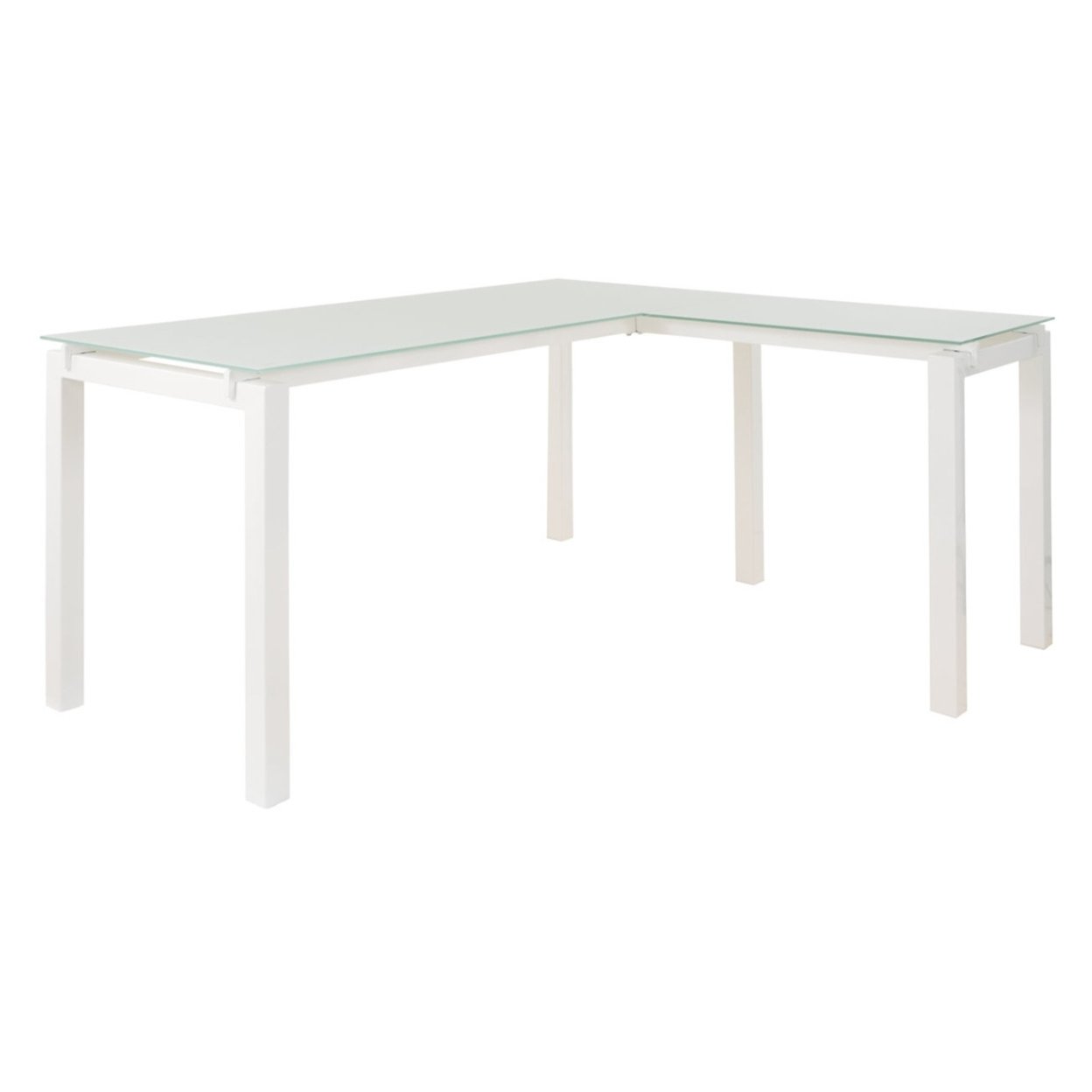 Metal L Shape Desk With Frosted Glass Top And Block Legs, White- Saltoro Sherpi