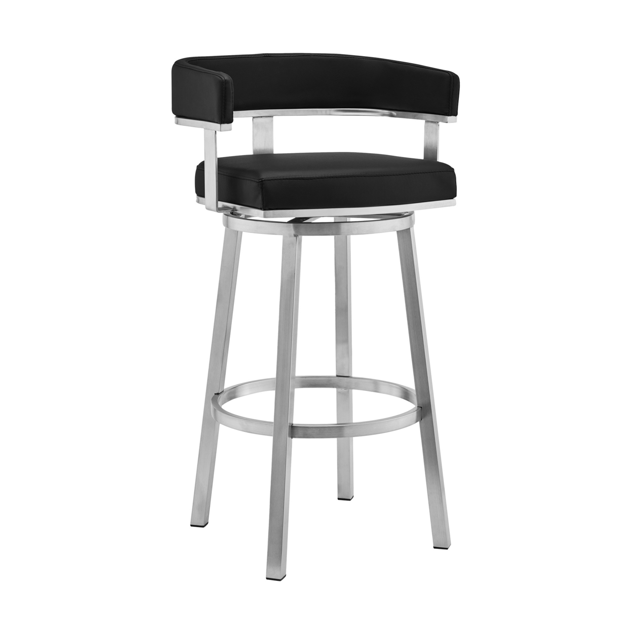 Sez 26 Inch Modern Swivel Counter Stool Arm Chair, Backrest, Steel, Black- Saltoro Sherpi