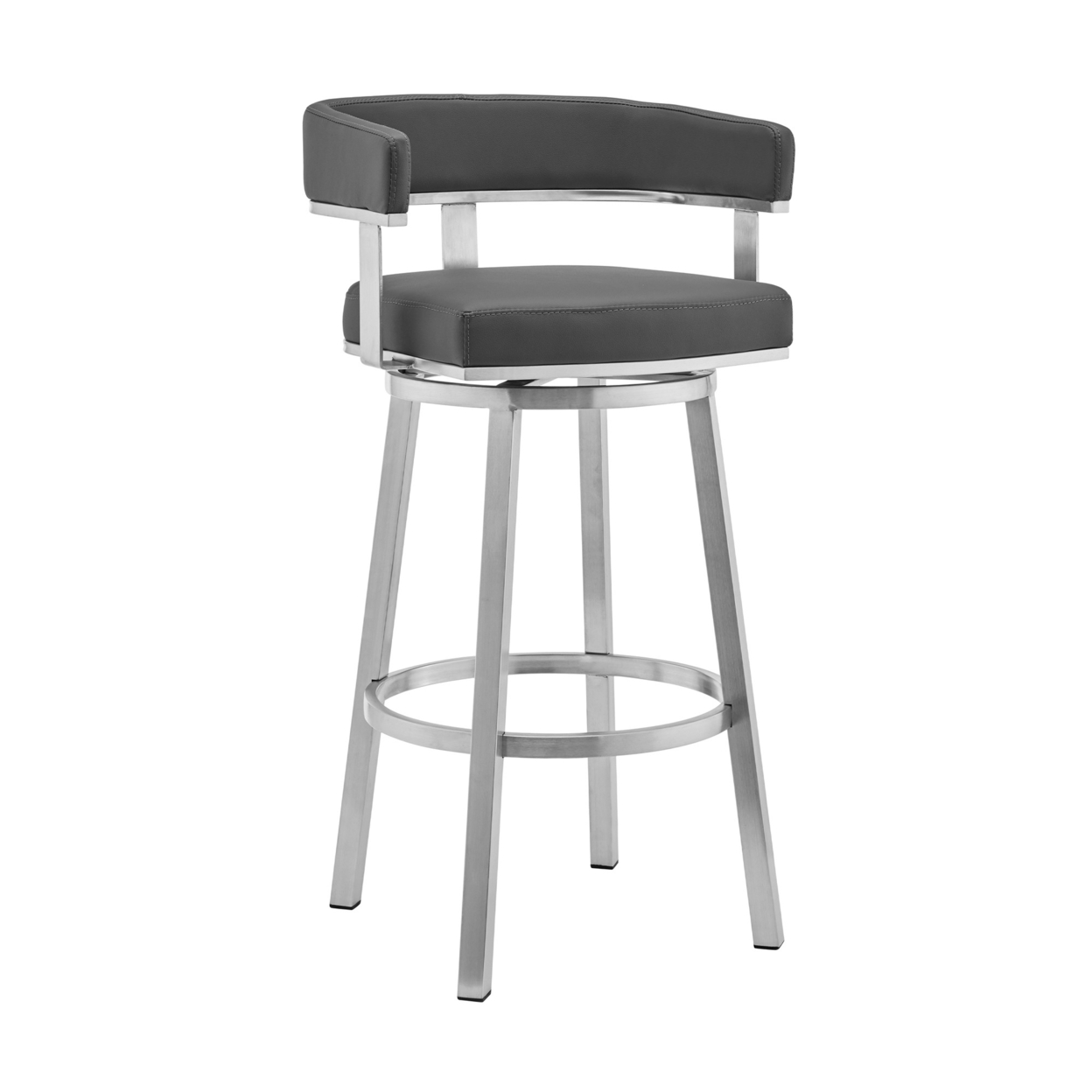 Sez 26 Inch Modern Swivel Counter Stool Arm Chair, Backrest, Steel, Gray- Saltoro Sherpi