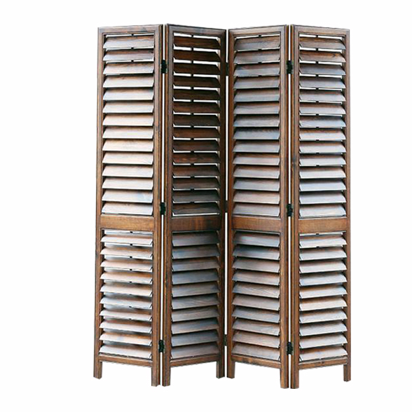4 Panel Shutter Design Wooden Screen With Straight Legs, Gray And Brown- Saltoro Sherpi