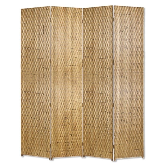 4 Panel Foldable Room Divider With Patterned Wood Panelling, Gold- Saltoro Sherpi