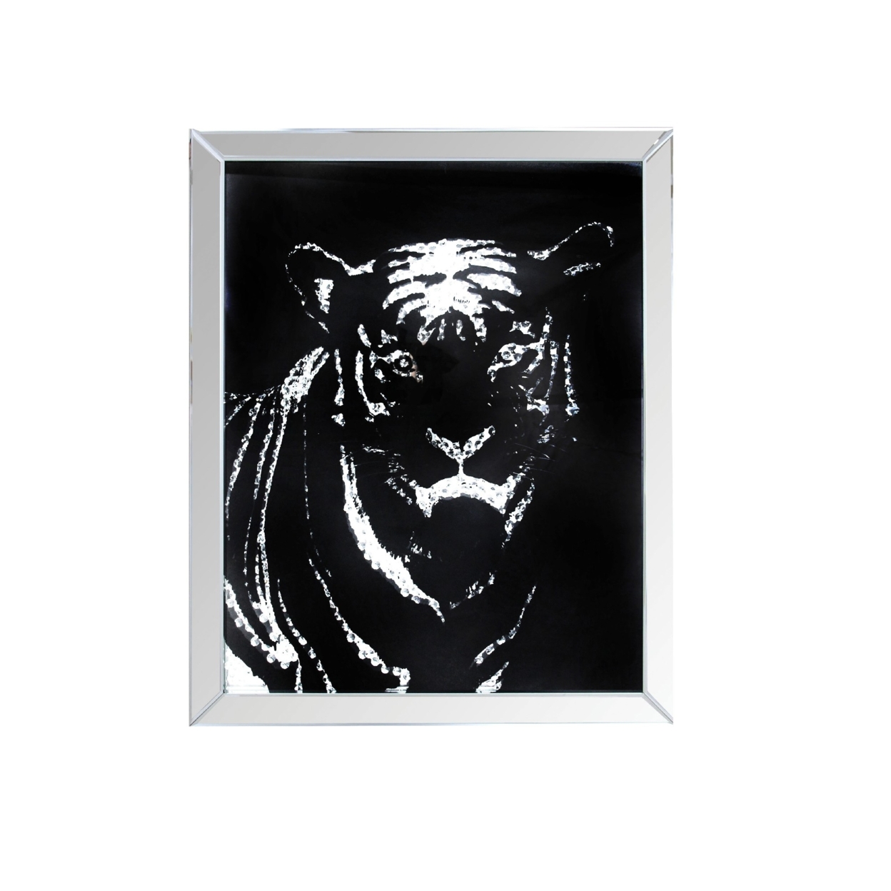 Rectangular Mirror Framed Tiger Wall D???cor With Crystal Inlays, Black & Silver- Saltoro Sherpi