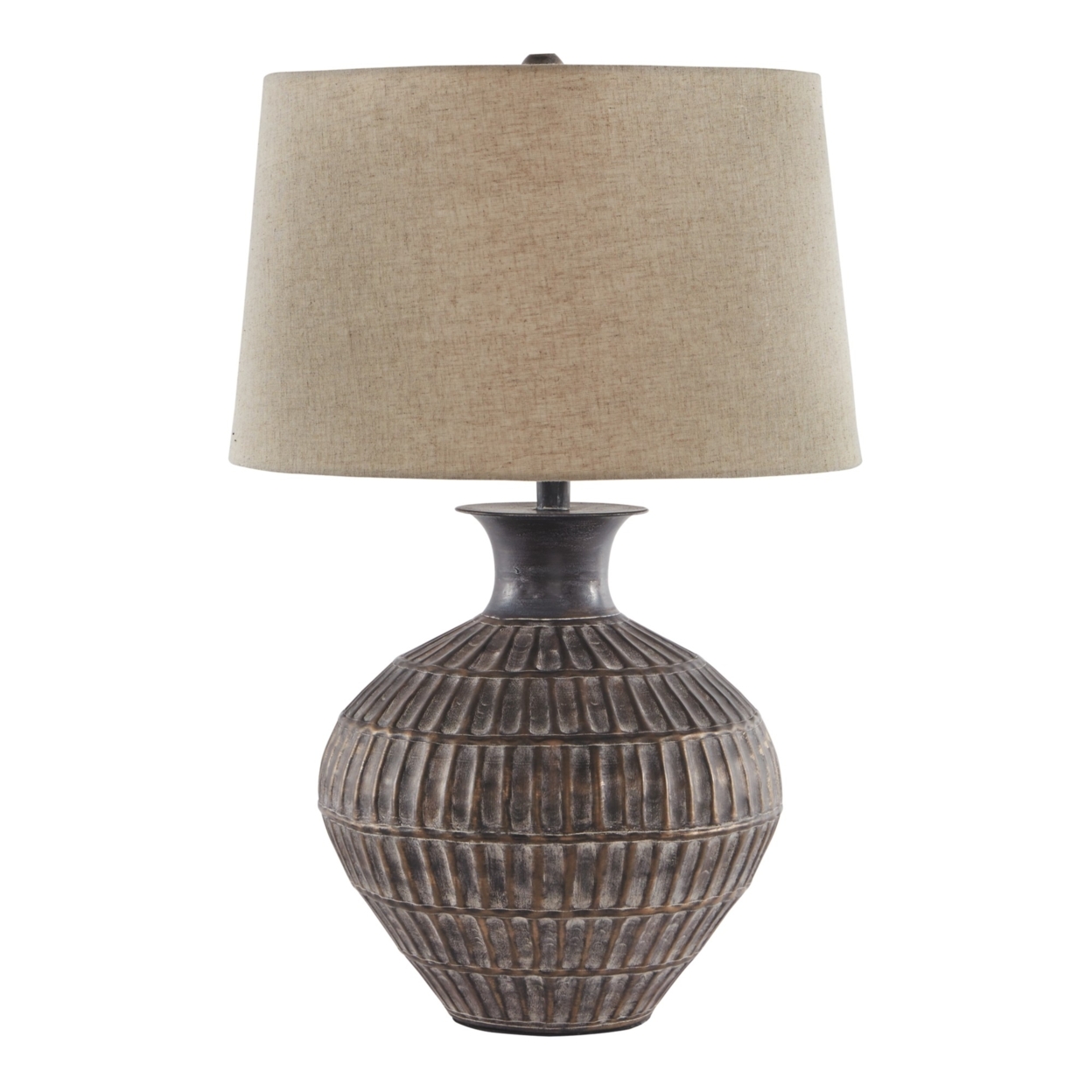 Metal Table Lamp With Bellied Embossed Vertical Lines Base, Antique Bronze- Saltoro Sherpi