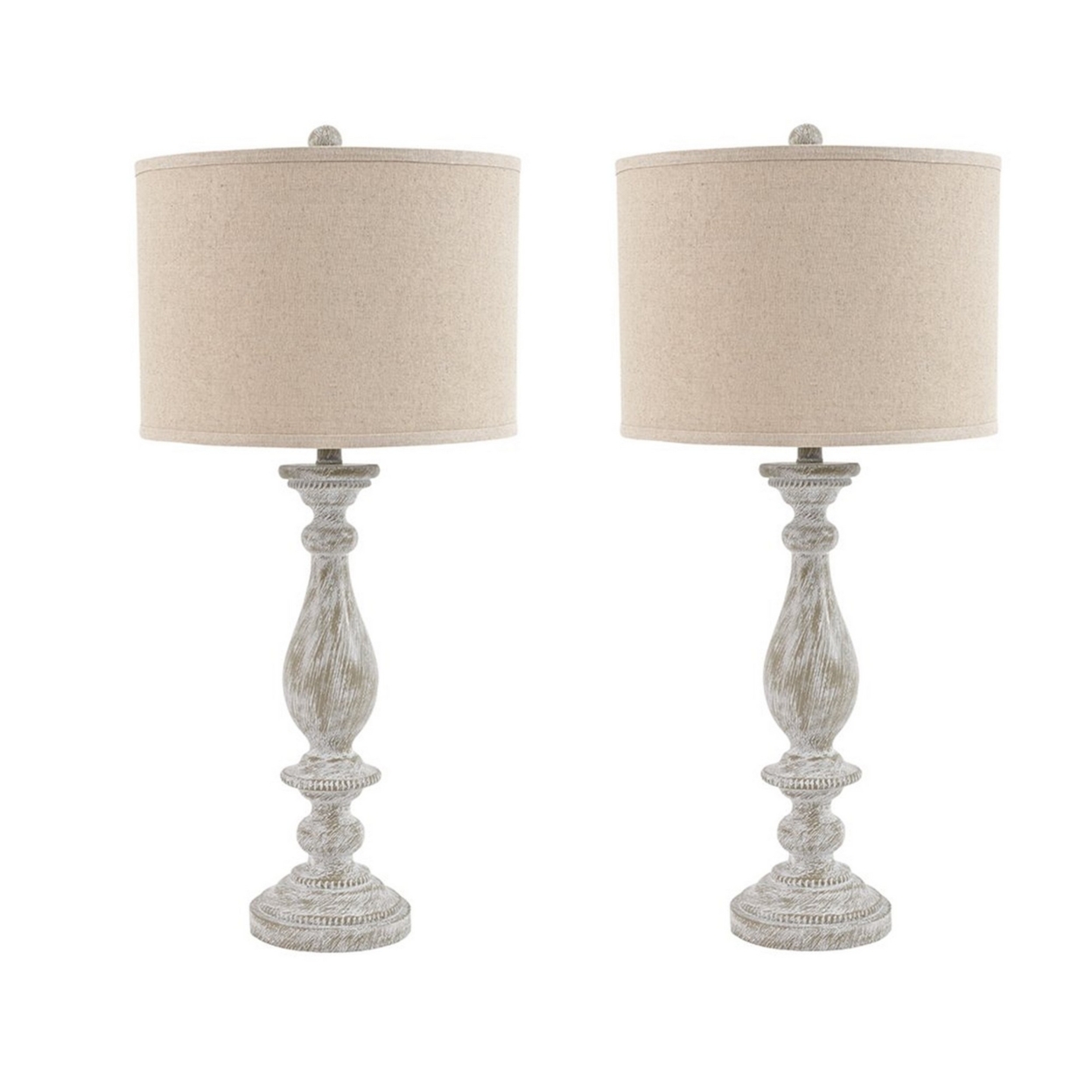 Drum Shade Table Lamp With Pedestal Base, Set Of 2, Beige And Off White- Saltoro Sherpi