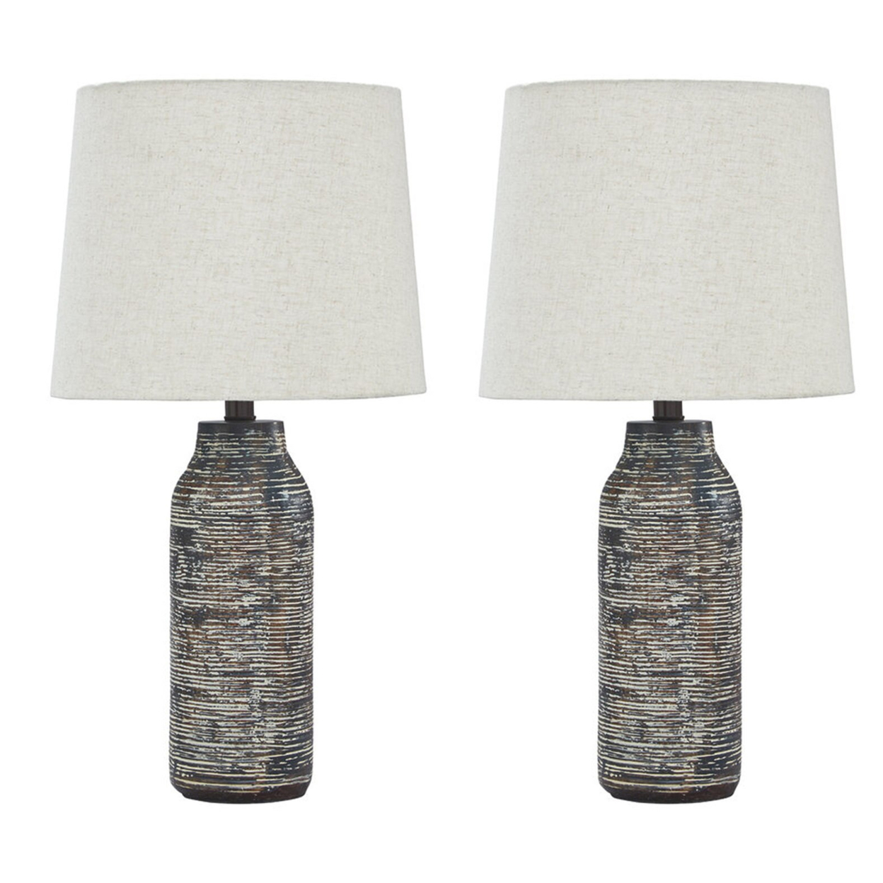 Fabric Shade Table Lamp With Textured Base, Set Of 2, White And Black- Saltoro Sherpi