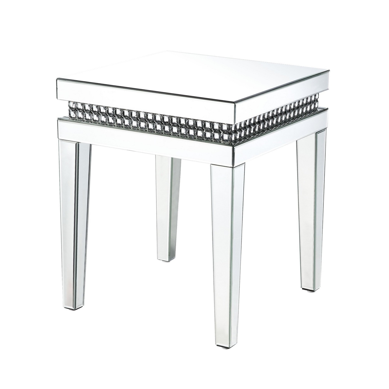 Mirror Inlay End Table With Faux Crystal Accents, Silver- Saltoro Sherpi