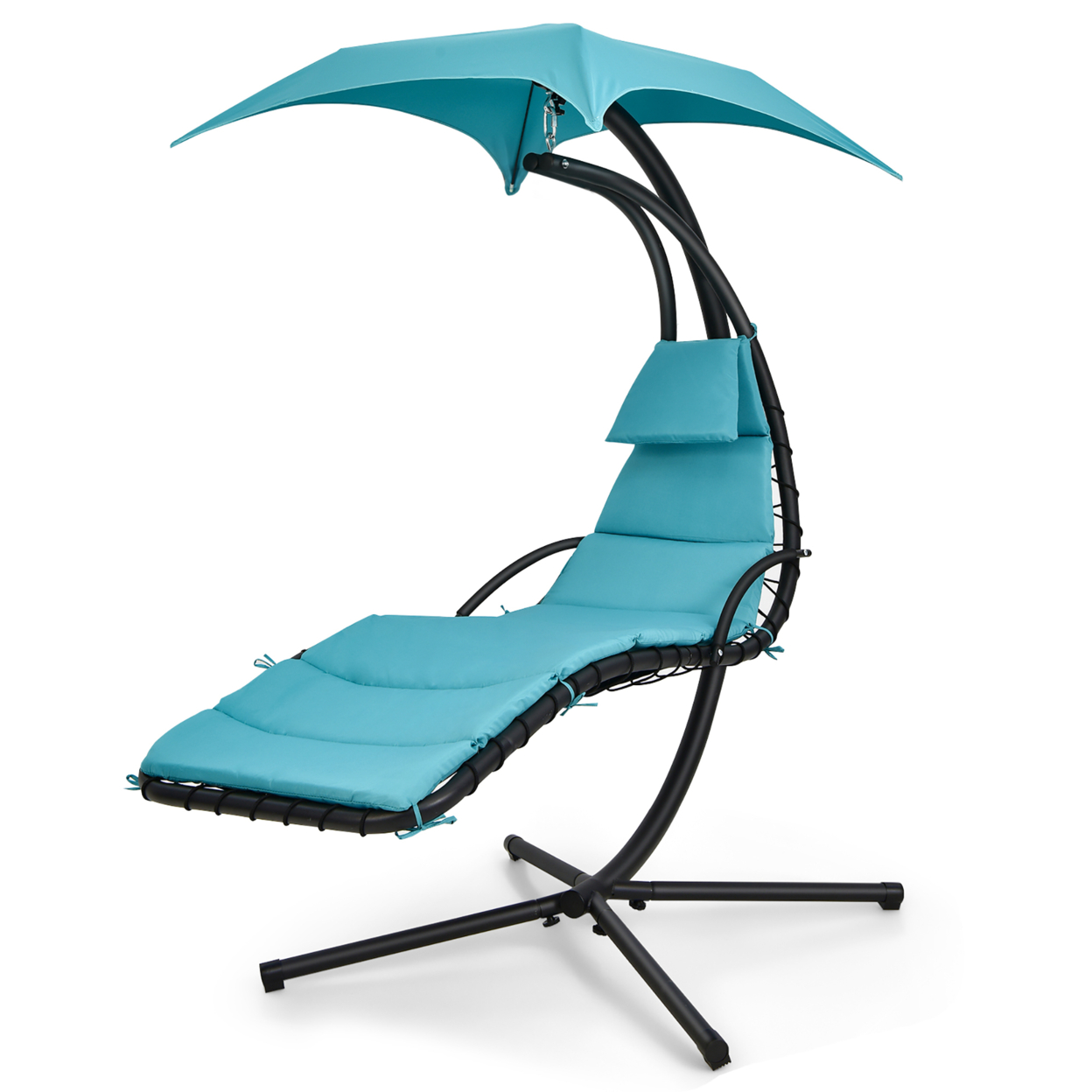 Hanging Chaise Lounge Curved Steel Patio Hammock Swing Chair W/ Overhead Light - Turquoise