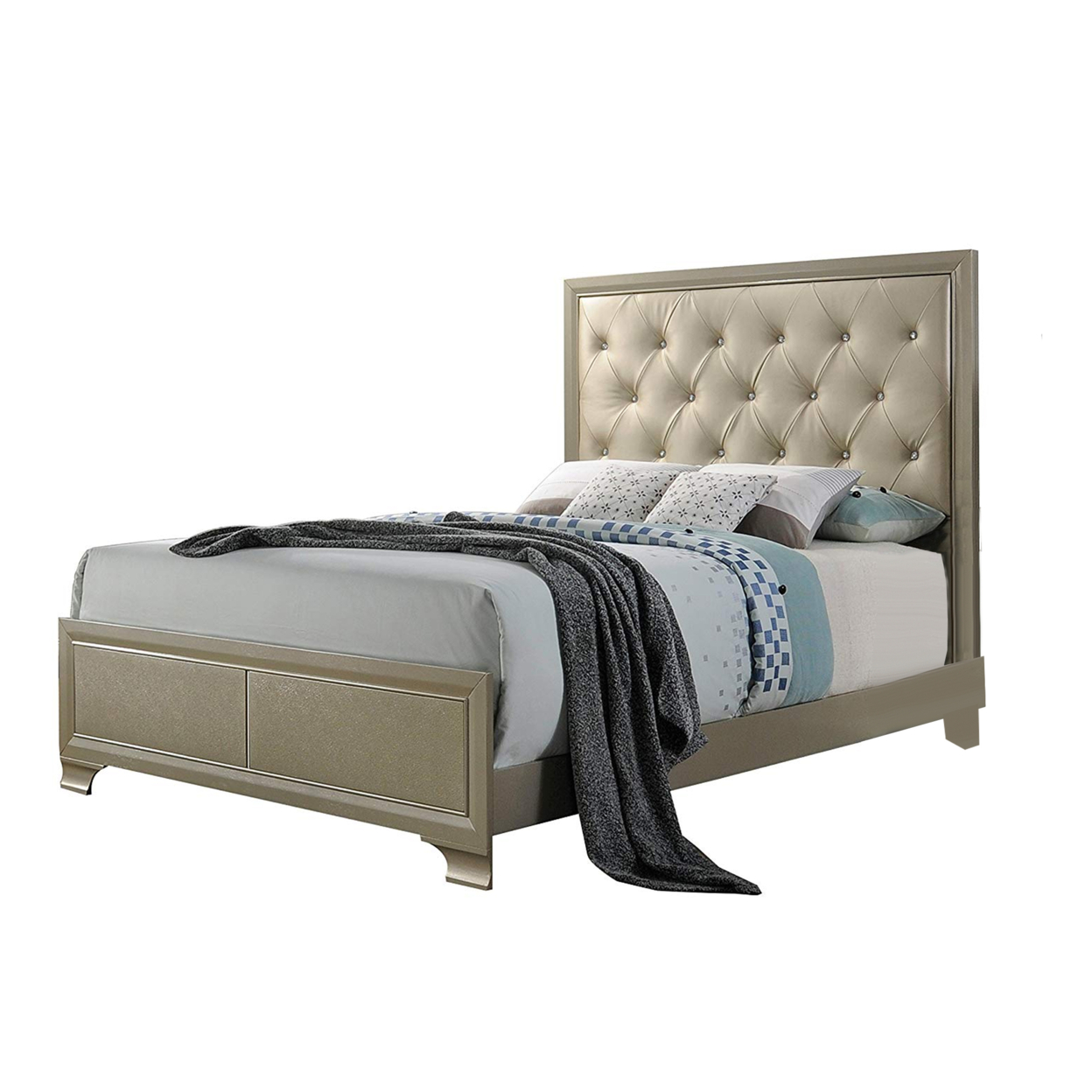 Wooden Queen Size Bed With Bracket Legs And Faux Leather Tufted Headboard, Beige And Gold- Saltoro Sherpi