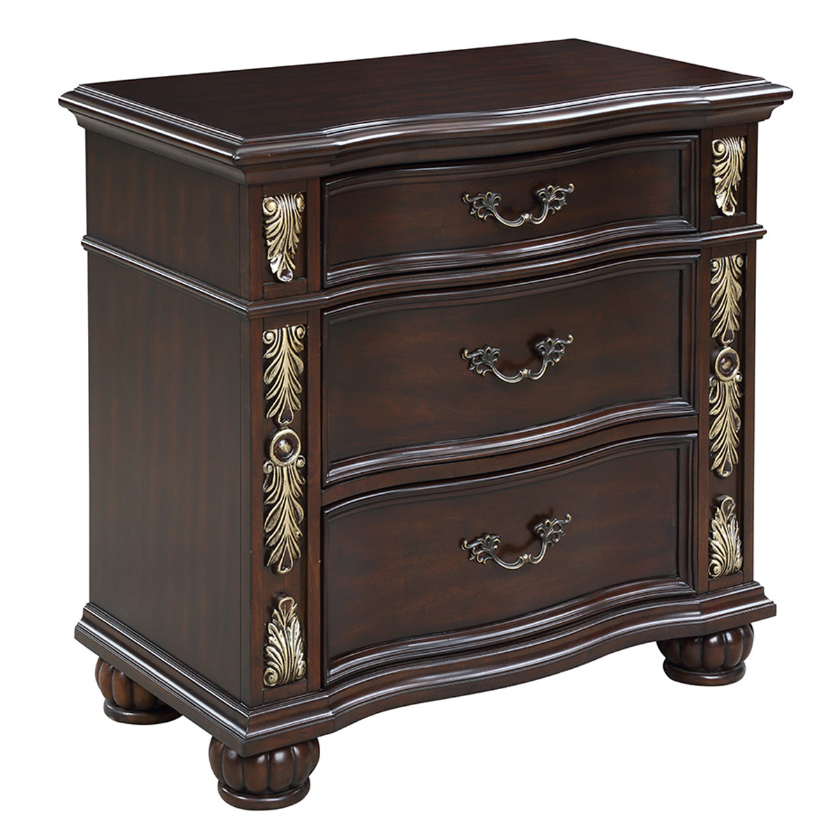 3 Drawer Nightstand With Bun Feet And Scrollwork Accents, Brown And Gold- Saltoro Sherpi