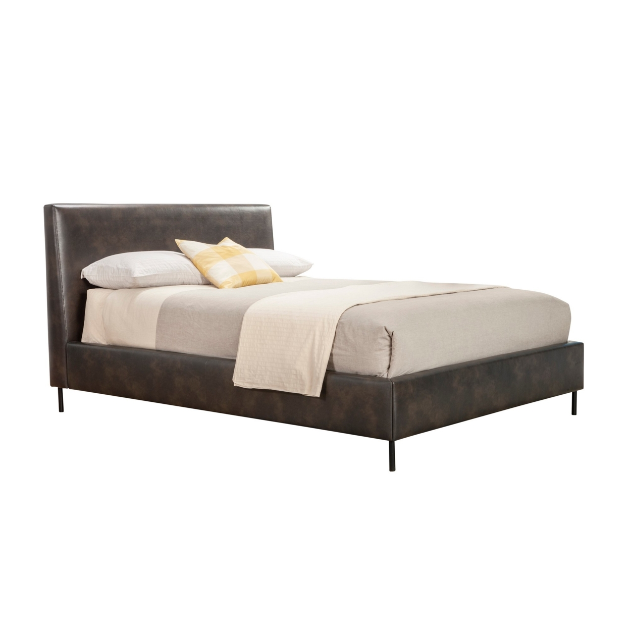 Faux Leather Upholstered Queen Bed With Metal Legs, Gray- Saltoro Sherpi