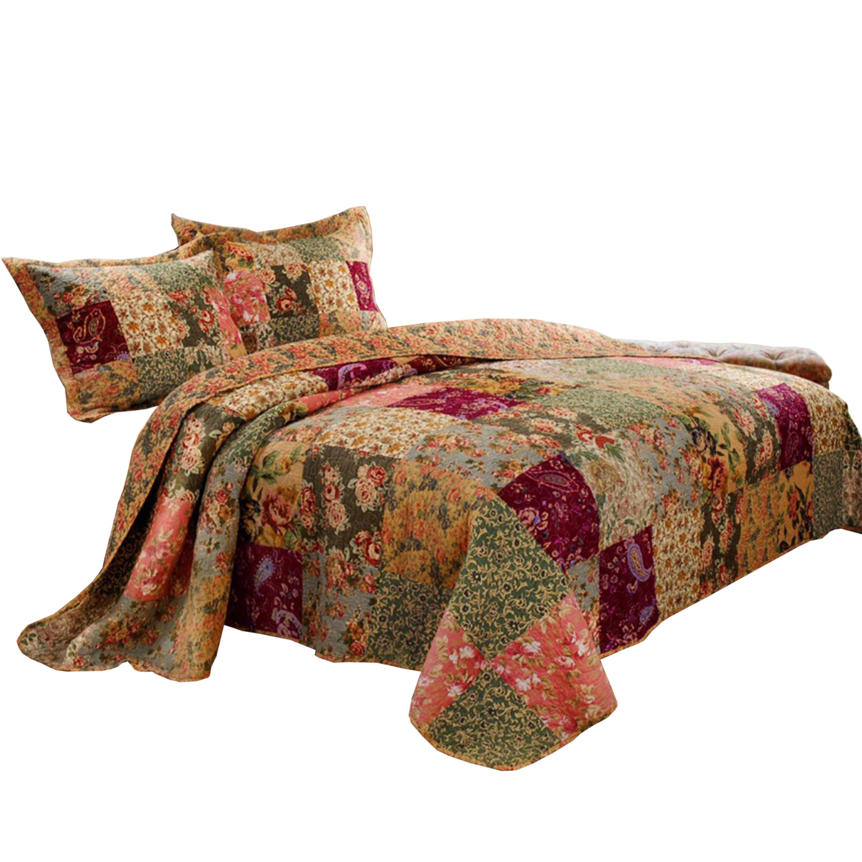 Kamet 3 Piece Fabric King Size Bedspread Set With Floral Prints, Multicolor- Saltoro Sherpi