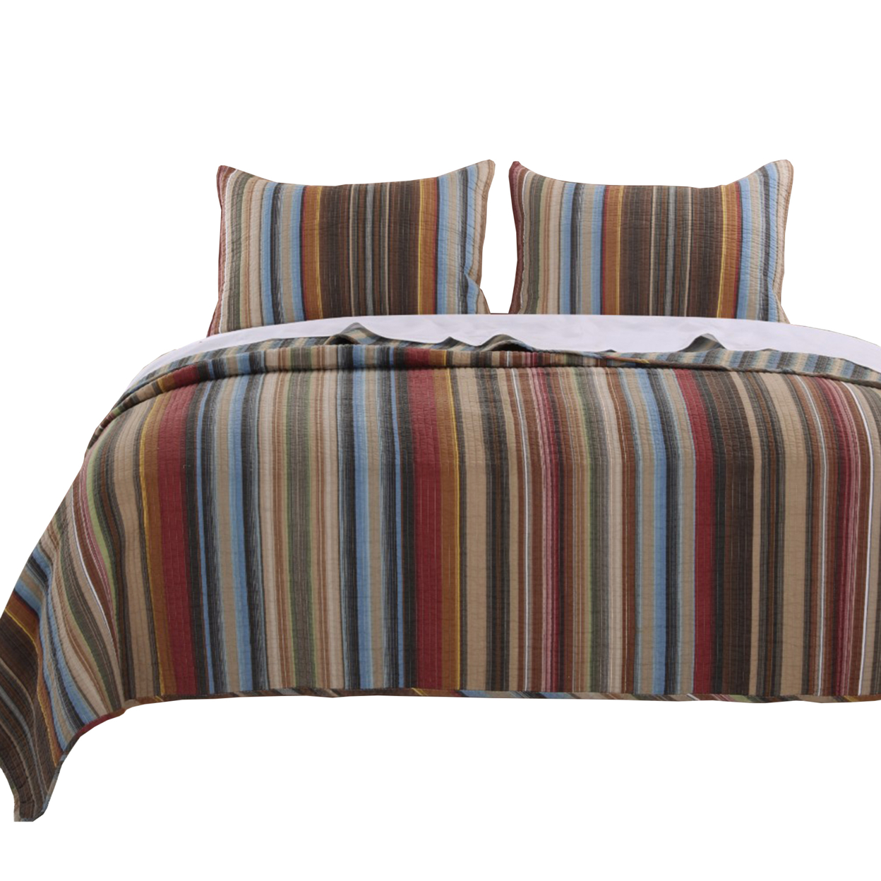 Phoenix Fabric 3 Piece King Size Quilt Set With Striped Prints, Multicolor- Saltoro Sherpi