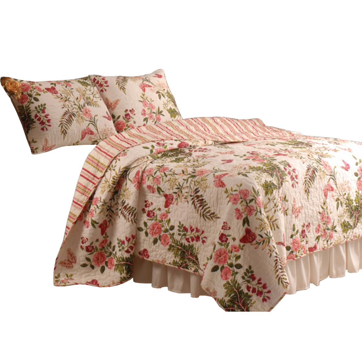 Atlanta Fabric 3 Piece King Size Quilt Set With Butterfly Prints,Multicolor- Saltoro Sherpi