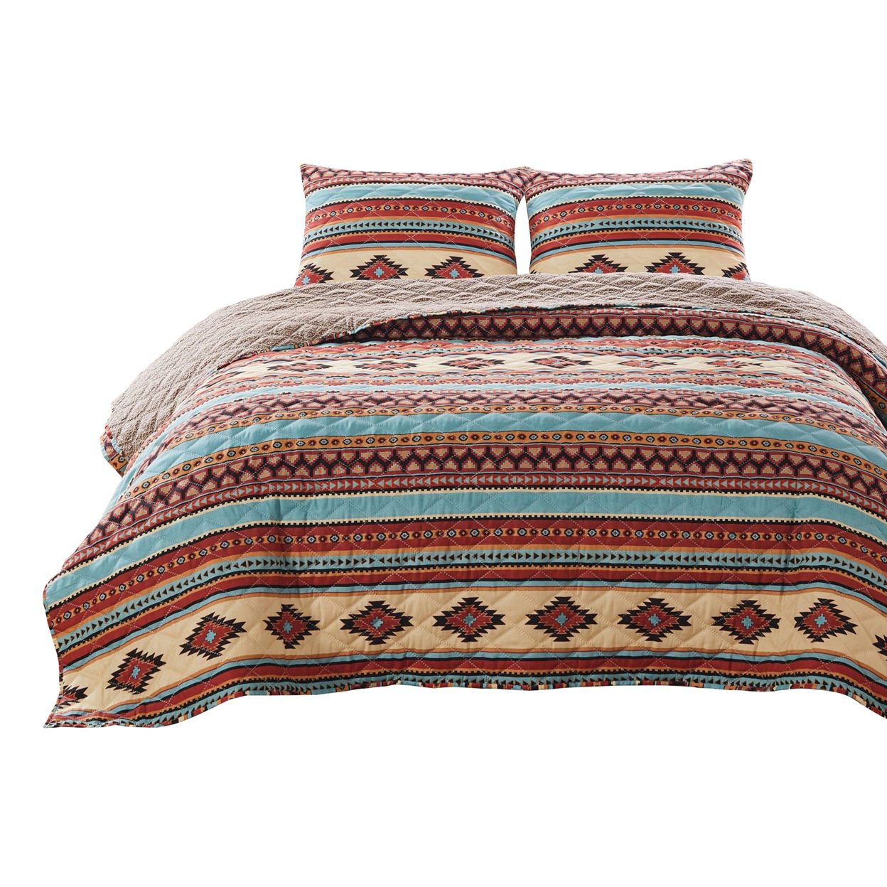 Linda 3 Piece King Quilt Set, Tribal Pattern, Diamond Design, Multicolor- Saltoro Sherpi
