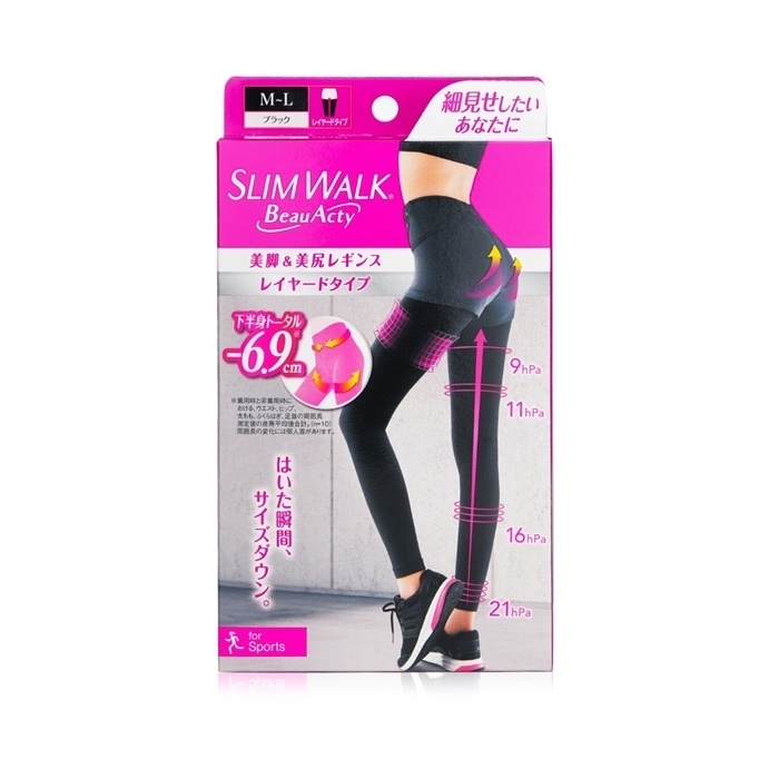 SlimWalk Compression Leggings For Sports (Sweat-Absorbent Quick-Drying) - # Black (Size: M-L) 1pair