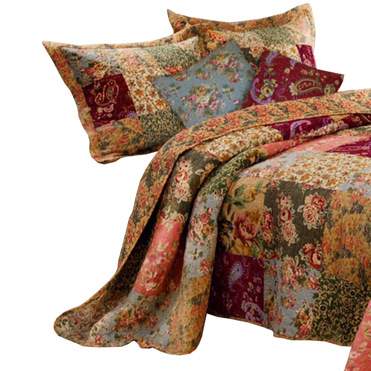 Kamet 5 Piece Fabric Queen Size Quilt Set With Floral Prints, Multicolor- Saltoro Sherpi
