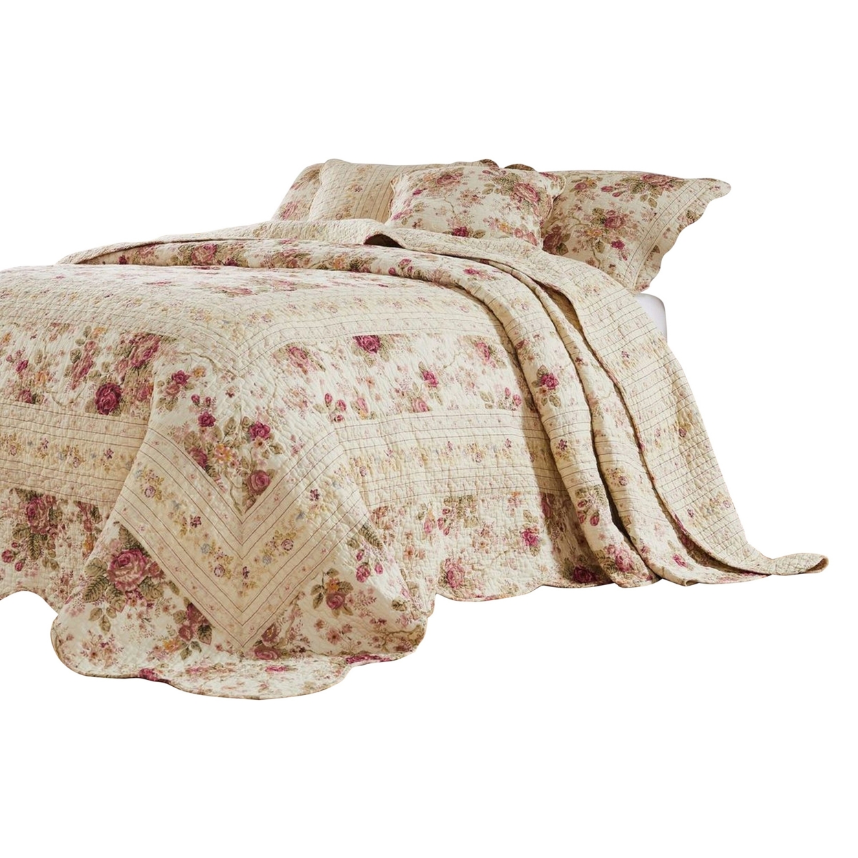 Rosle 3 Piece Queen Bedspread Set, Floral Print, Scalloped, Cream, Pink- Saltoro Sherpi