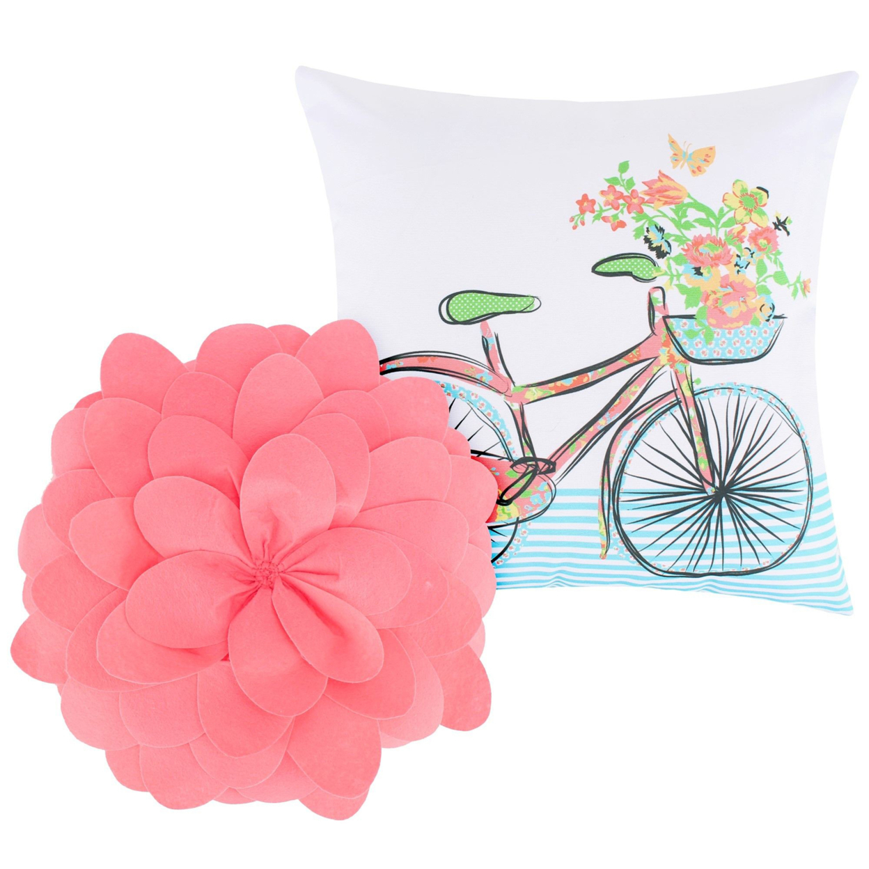 Mavi 2 Piece Accent Throw Pillow, Bicycle, Flower Petals, White, Blue, Pink- Saltoro Sherpi