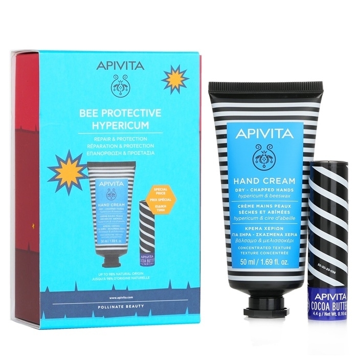 Apivita Bee Protective Hypericum Set: Hand Cream Hypericum & Beeswax 50ml+ Lip Care Cocoa Butter SPF20 4.4g 2pcs