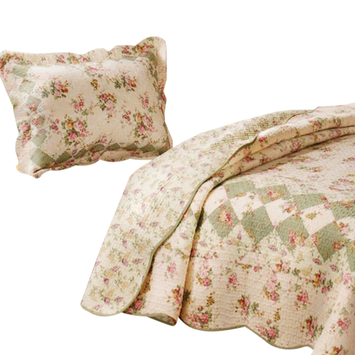Denali 2 Piece Fabric Twin Size Quilt Set With Floral Prints, Multicolor- Saltoro Sherpi