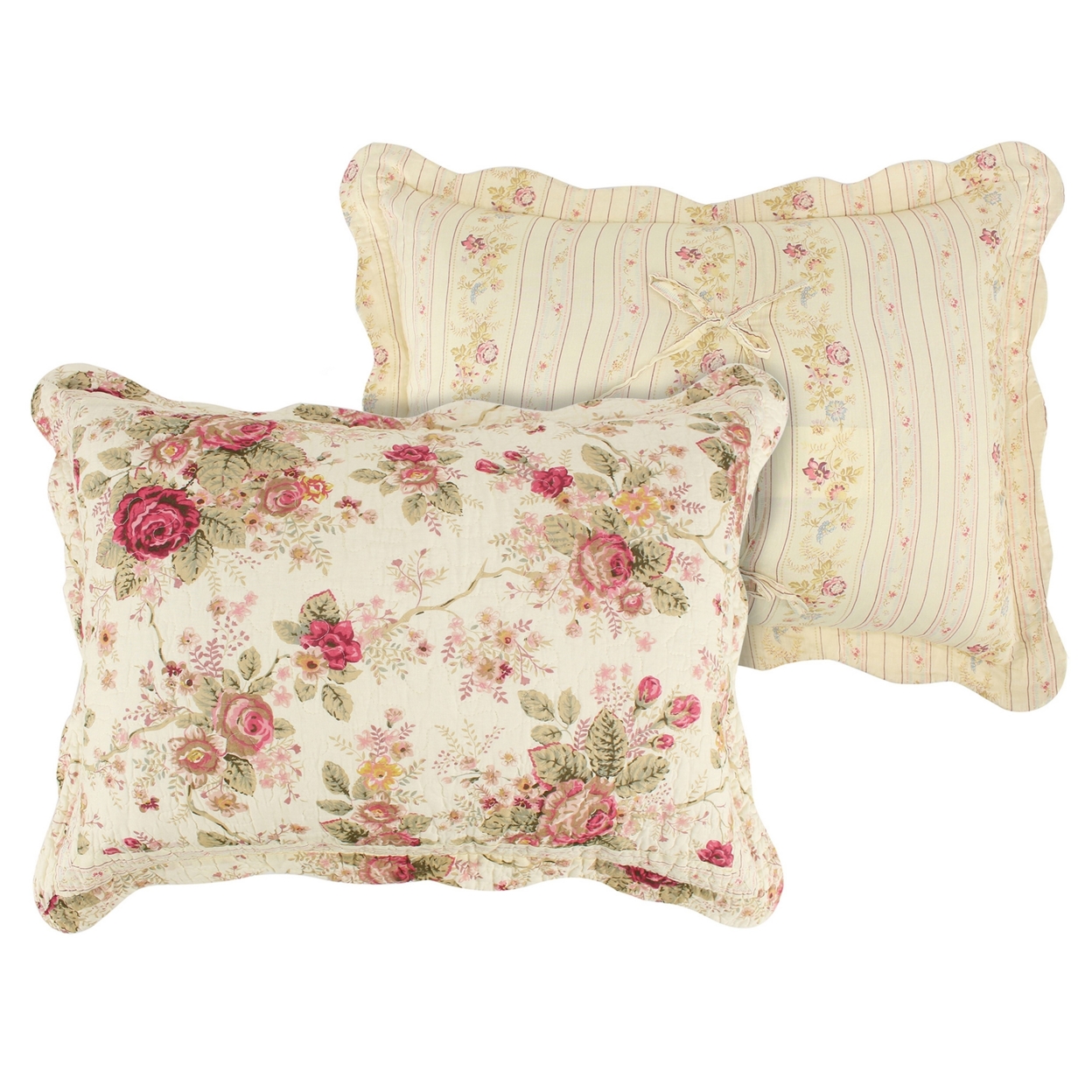 Rosle 3 Piece King Bedspread Set, Floral Print, Scalloped, Cream, Pink- Saltoro Sherpi