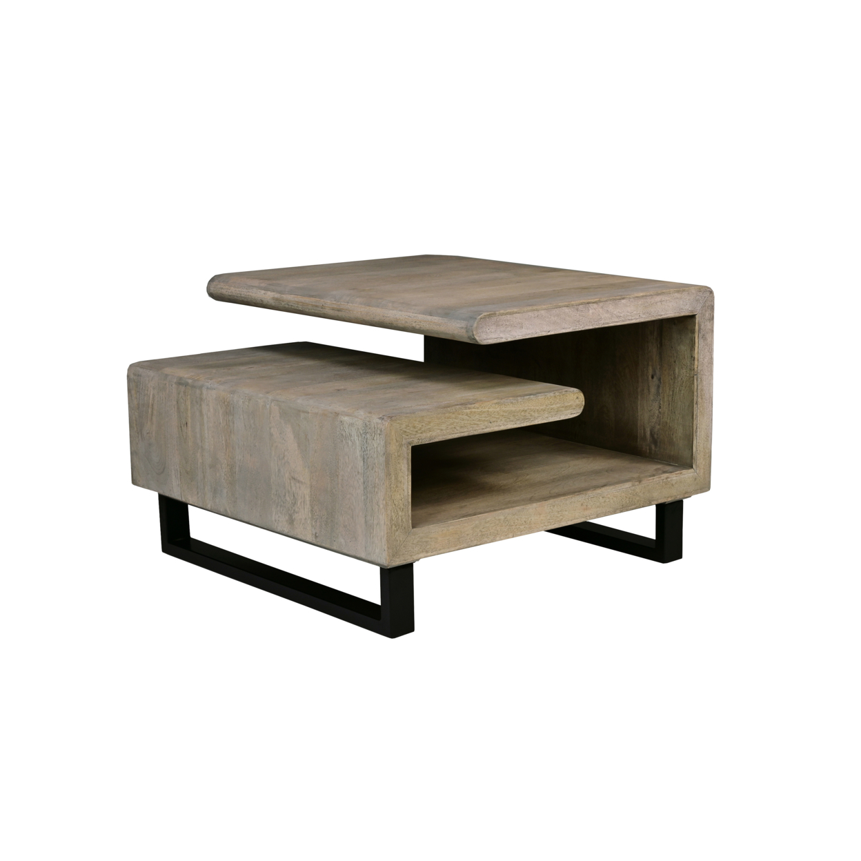 30 Inch Handcrafted Geometric G Coffee Table, Weathered Gray Mango Wood Frame, Black Powder Coated Base