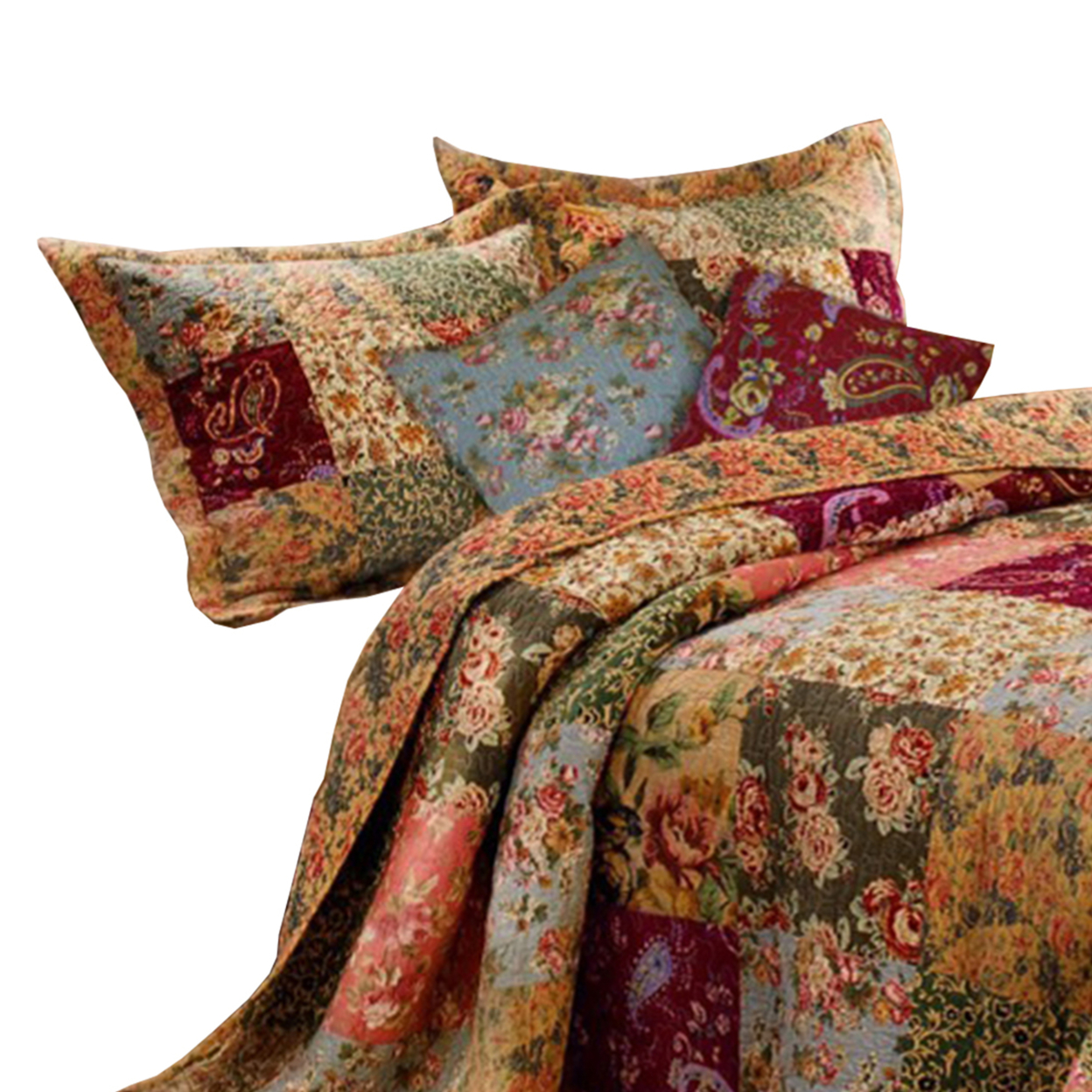Kamet 5 Piece Fabric King Size Quilt Set With Floral Prints, Multicolor- Saltoro Sherpi